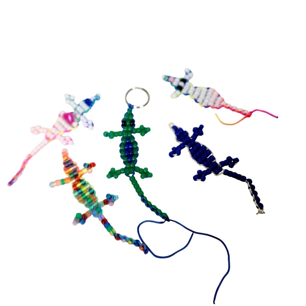 Handmade Pony Beaded Lizard Gecko Keychain Lot Of 5‎ Multi-Color Plastic Charms